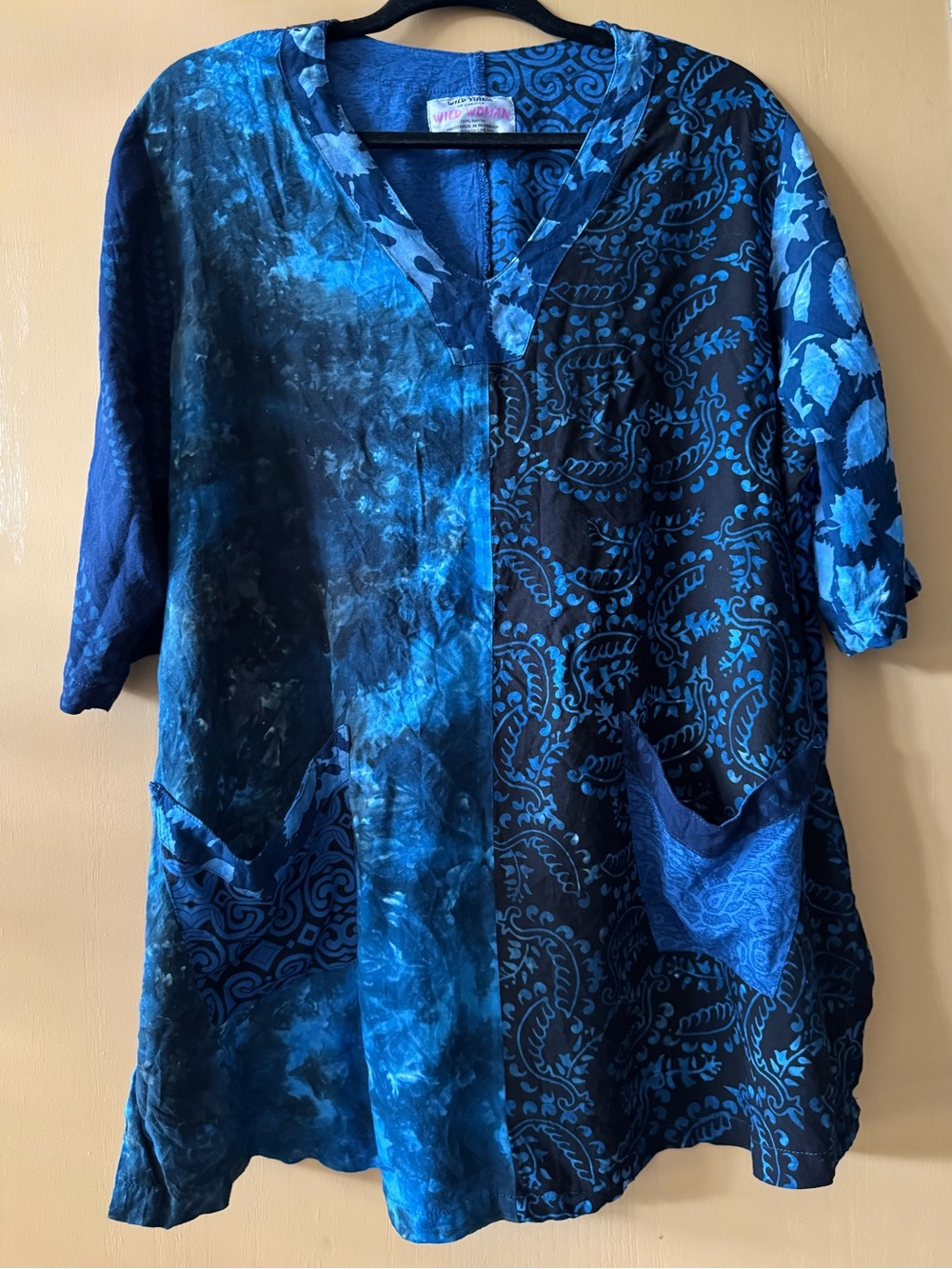 Wild Thing Woman Chico CA Rayon Batik Tie Dyed Deep Blue Tunic Shirt L/XL Boho
